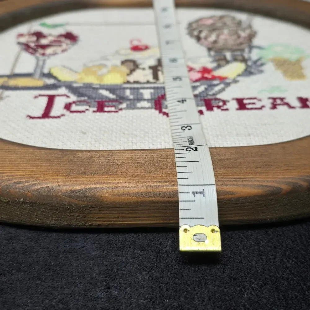 Vintage Hand Made Cross Stitch Ice Cream Inside a Wooden Hangable Frame